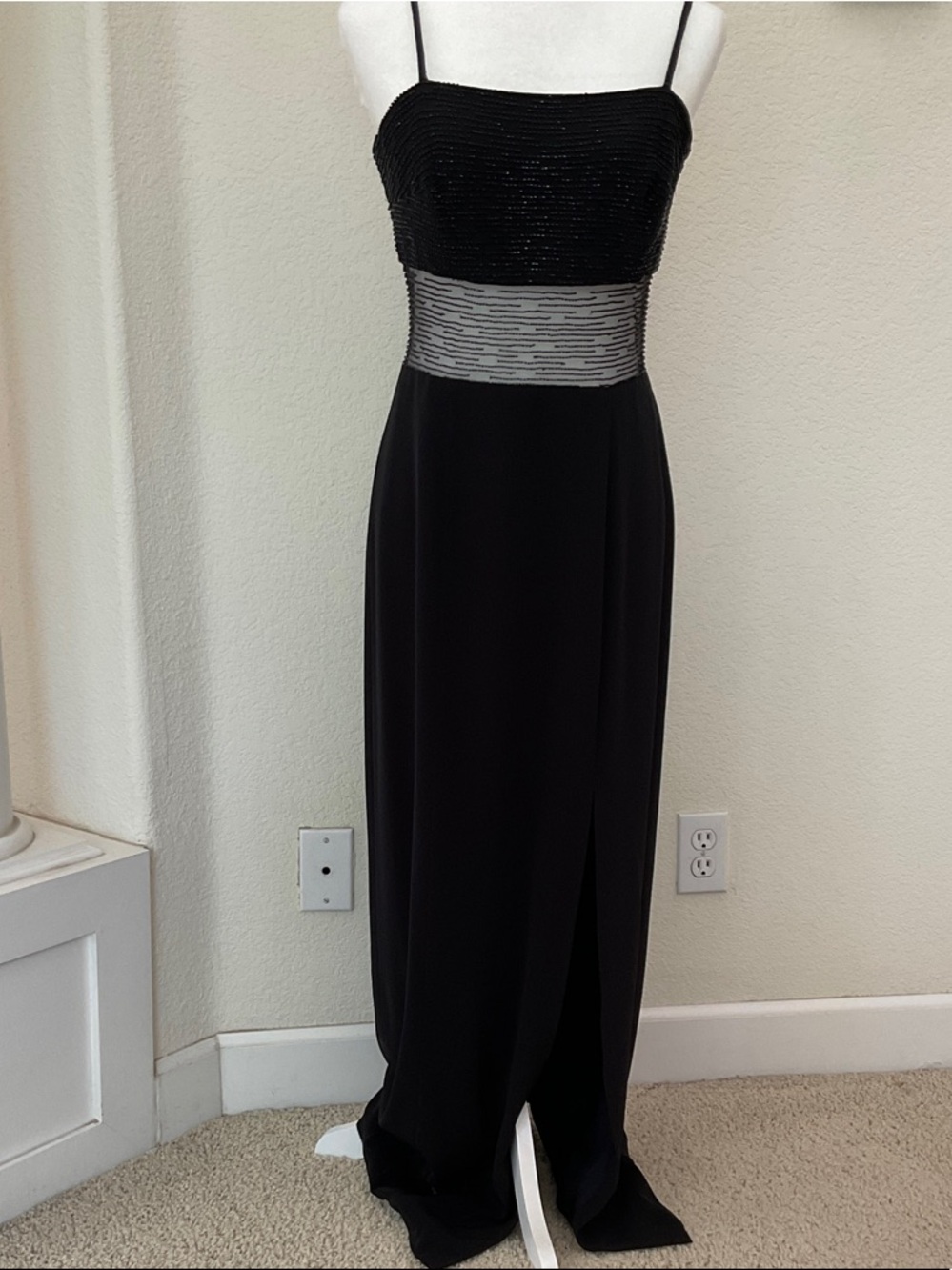 Elegant Black Beaded Spaghetti-Strap Maxi Dress with Silver Waistband